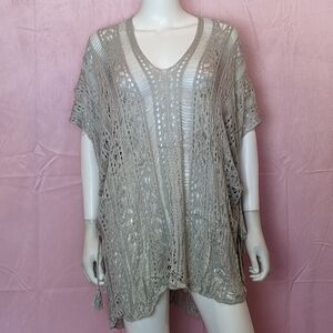 Light Gray Crochet Knit Drawstring Sides V Neck Swim Beach Cover Up One Size